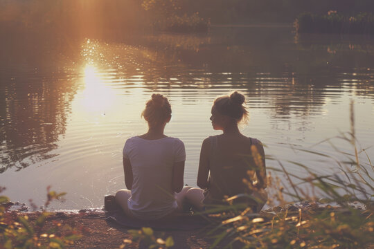 Two genderqueer partners sharing a quiet moment of reflection by a tranquil lake, feeling at peace with themselves and their relationship. Concept of genderqueer love and serenity. Generative Ai.