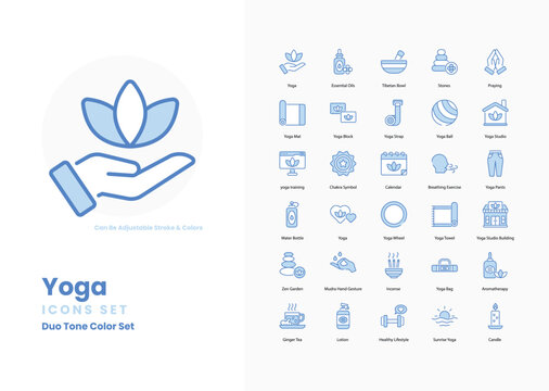 Yoga icons collection. Set contains such Icons as Lotus Pose, Om Symbol, Mandala, Sun Salutation, Tree Pose, Warrior Pose, Downward Dog, and more