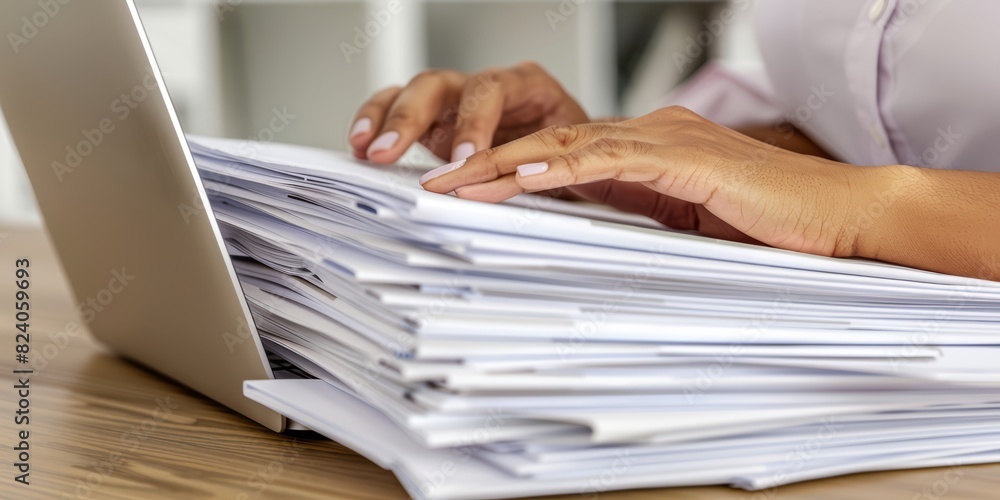 Poster close-up of hands managing documents and typing on a laptop, representing productivity, organization