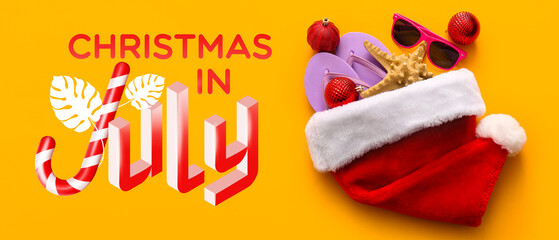 Banner with text CHRISTMAS IN JULY, Santa hat, beach accessories and decorations - Powered by Adobe