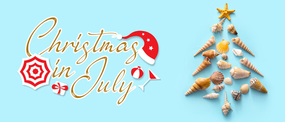 Banner with text CHRISTMAS IN JULY and fir tree made of sea shells