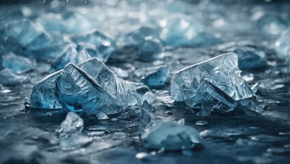 Ice cubes are laying on the ground in the water.
