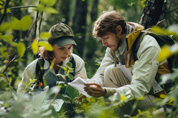 Young scientists conducting field research in a forest, documenting plant and animal species and observing ecosystems in their natural habitat.  Generative Ai.