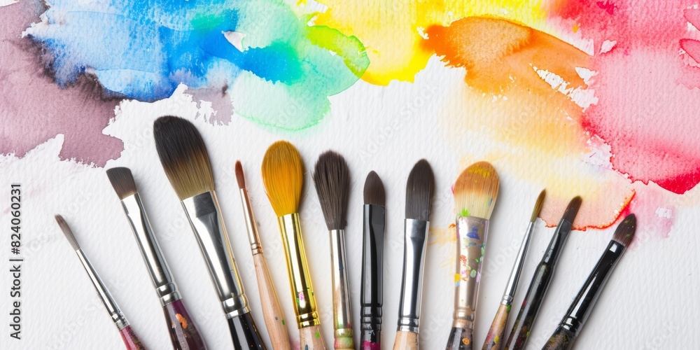 Poster a dynamic splash of rainbow colors created by paintbrushes, symbolizing artistic expression and the 