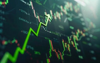 Dynamic stock market graphs with rising green arrow overlay.