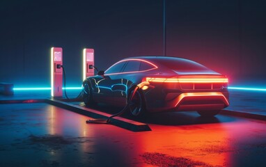 Electric car charging at a station, glowing under soft lights.