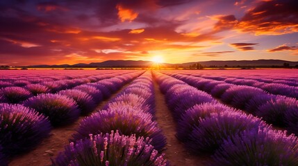 Sunset over a lavender field in full bloom, with the purple flowers stretching into the horizon