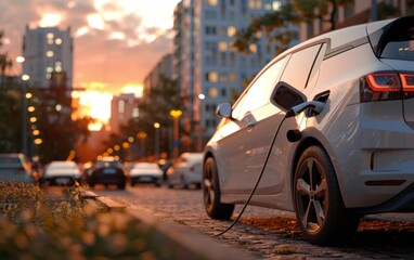 Electric cars charging in a modern city parking lot at sunset.