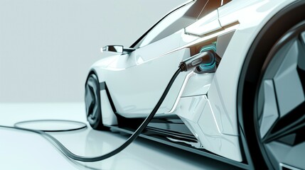 futuristic luxury car charging at power supply station, shiny luxury EV electric vehicle charge by cable, in style of high key, studio shot isolated on white