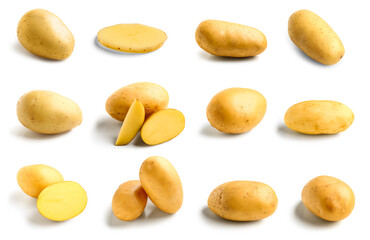 Set of raw potatoes on white background