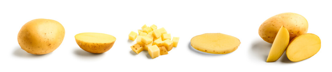 Collage of raw potatoes on white background