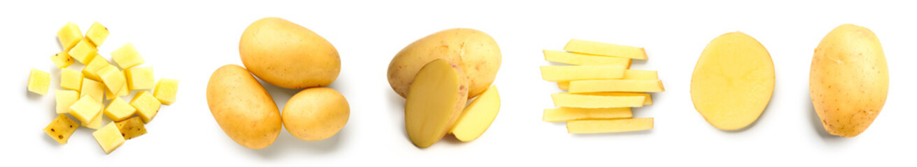 Collage of raw potatoes on white background, top view