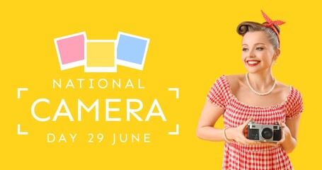 Banner for National Camera Day with young pin-up woman on yellow background