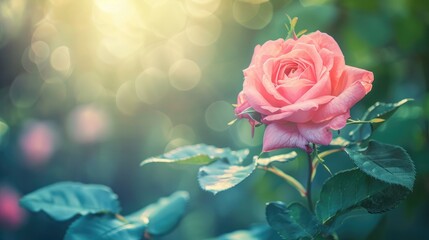 Graceful pink rose bloom in garden with gently blurred background