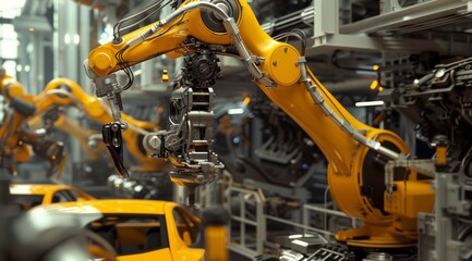 Car factory with robotic arms working on the assembly line to build cars, in the style of high-definition photography, with a light yellow and dark gray color scheme.