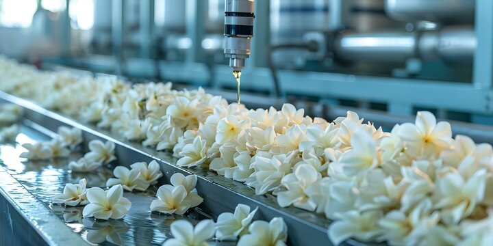 Machine extracts jasmine essential oil from white flowers in a distillery. Concept Distillation process, Jasmine essential oil, White flowers, Aromatic extraction, Fragrance manufacturing