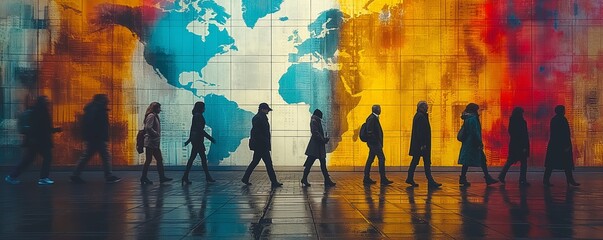 Silhouetted people walking before world map