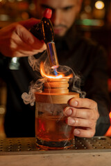 Young elegant barman working behind a bar counter mixing drinks