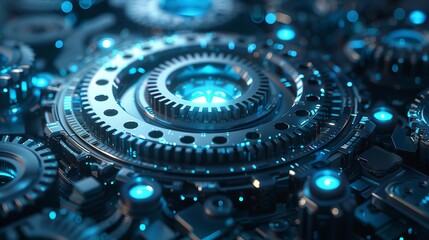 Intricate gear mechanism, illuminated by soft blue light