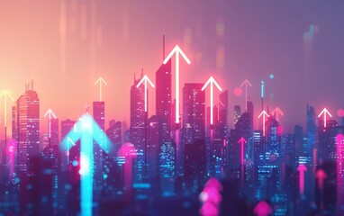 Futuristic city skyline with glowing arrow silhouettes rising amidst neon lights.