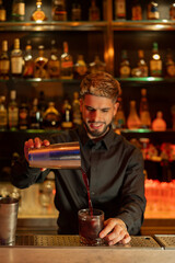 Young elegant barman working behind a bar counter mixing drinks