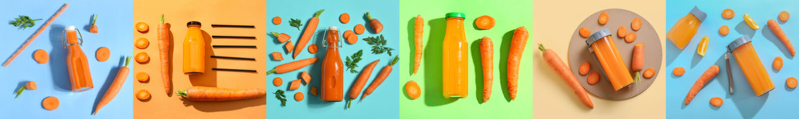 Collage of healthy carrot juice in bottles on color background