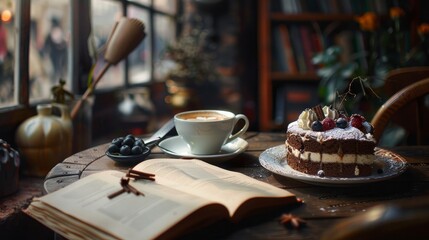 A cozy cafe setting featuring a still life of a cup of cappuccino and cake with a book