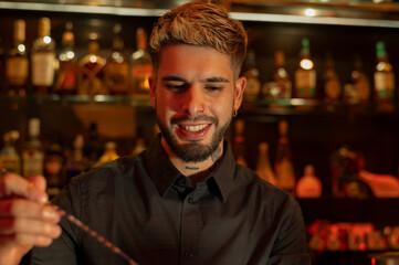 Young elegant barman working behind a bar counter mixing drinks