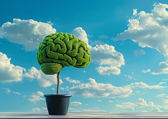 A green bonsai tree shaped like the human brain on a wooden table with a blue sky background