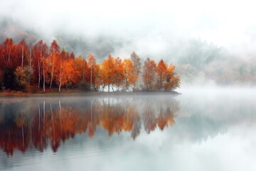Misty autumn scene with vibrant trees reflected in a tranquil lake