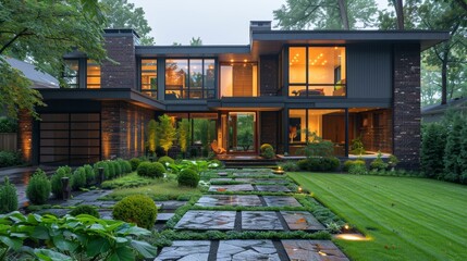 Modern Minneapolis home with a professionally landscaped front yard, showcasing sleek, geometric patterns of greenery and stone pathways, early morning with dew on grass.