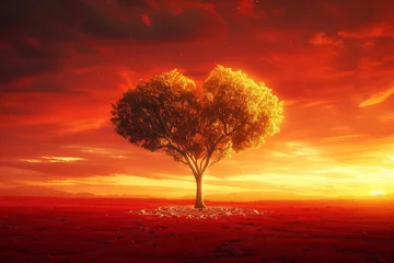 Selbstklebende Fototapeten : A majestic heart-shaped tree standing alone in the middle of a vast red landscape, illuminated by the golden hues of a breathtaking sunset, © Khuram