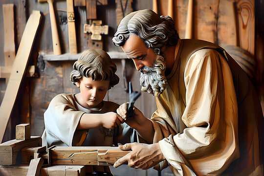 Saint Joseph of Nazareth teaches young Jesus Christ carpentry in a workshop filled with tools and wood. Ideal for Father's Day or religious holidays like Saint Joseph the Worker.