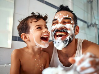 Father's day, Father and son in the bathroom having fun and shaving with foam on their faces, bonding and laughing together. Ideal for family and parenting themes.