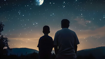 A father and son silhouetted against the night sky, watching the stars and moon, perfect for illustrating Father's Day or family bonding moments.