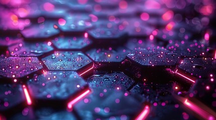 Fototapeta premium Close-up of futuristic neon glowing hexagonal pattern with water droplets