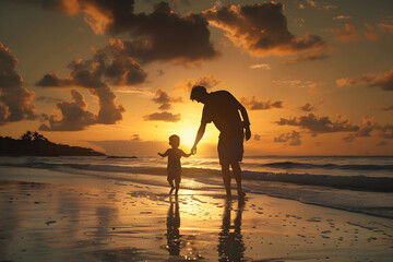 Photo of a father and son playing on the beach at sunset, perfect for Father's Day, family bonding, vacation promotions, or parenting blogs.