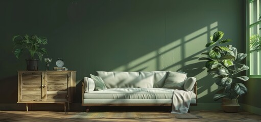 Green living room interior with wooden cabinet and sofa against dark green wall, mockup design
