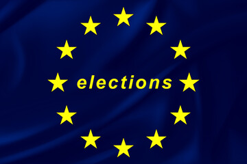 European elections, the stars and colors of the European flag with the text elections in the middle, the European flag in illustrated graphic form, voting in the polls on election day.