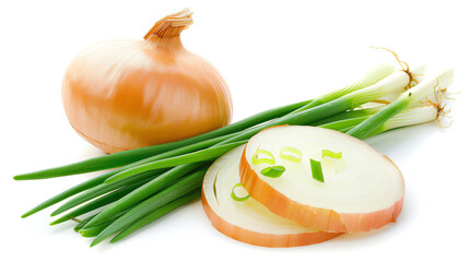 Close-Up of Whole and Cut Onion with Green Onion Stalks on White Background