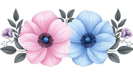 Beautiful pink and blue flowers with green leaves on a white background