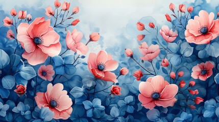 Serene blue and pink floral background with elegant blossoms