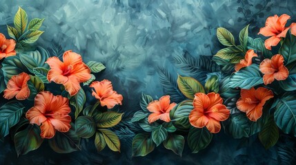 Vibrant orange hibiscus flowers and green leaves on textured blue background