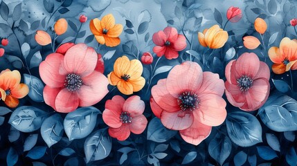 Vibrant blooms and lush foliage: A textured illustration of colorful flowers
