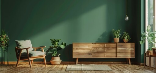 Green living room interior with wooden sideboard and sofa against dark green wall