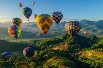 Obraz premium /imagine: A vibrant array of hot air balloons in all colors of the rainbow drifting over the lush, green mountains of Doi Inthanon under a clear blue sky, with the golden sunlight casting long shadows