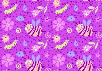 Cartoon summer print seamless bee and flower and sun and clouds and peace sign