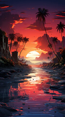 Sunset Painting With Palm Trees and River