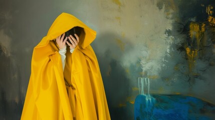 A figure in a yellow cloak is a striking contrast against an abstract grey background, evoking intrigue and isolation.