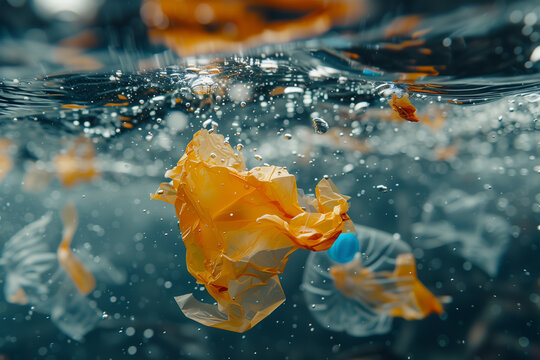 Plastic pollution contaminating water surfaces. Generative AI image